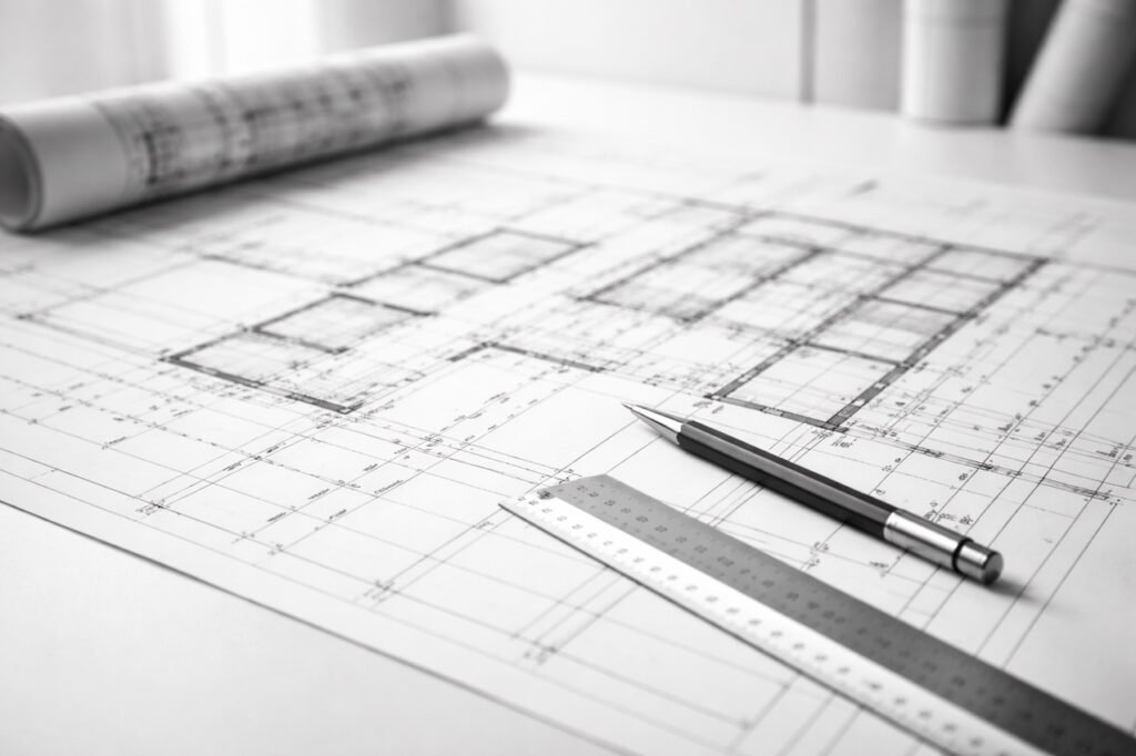 Architectural plans representing long-term leadership and capability design in organisations.